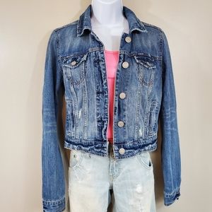 American Eagle Medium Wash Cropped Long Sleeve Denim Jacket
